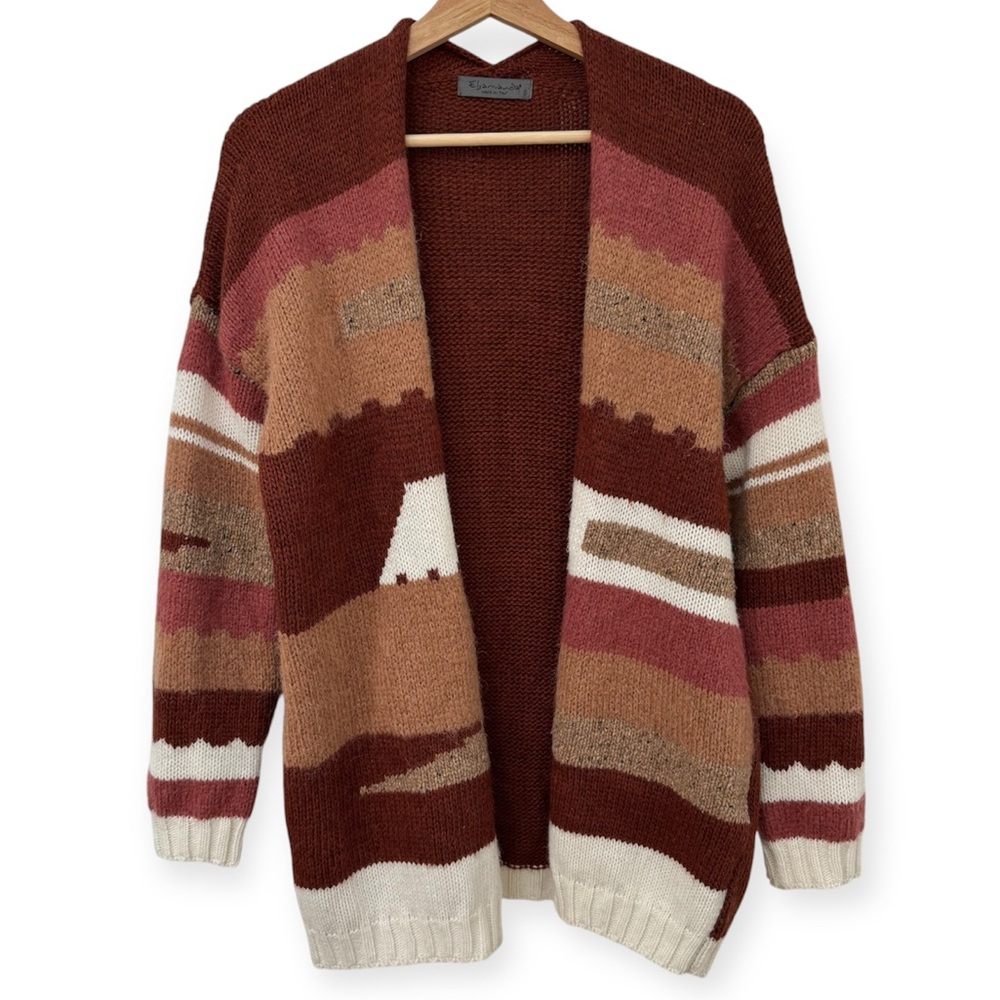 Elsamanda Striped Open Front Longline Cardigan Wool Alpaca Blend Small‎